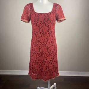 SUNDANCE Lace Overlay DRESS Size 4 Floral Silk Lined Rust Red Square Neckline